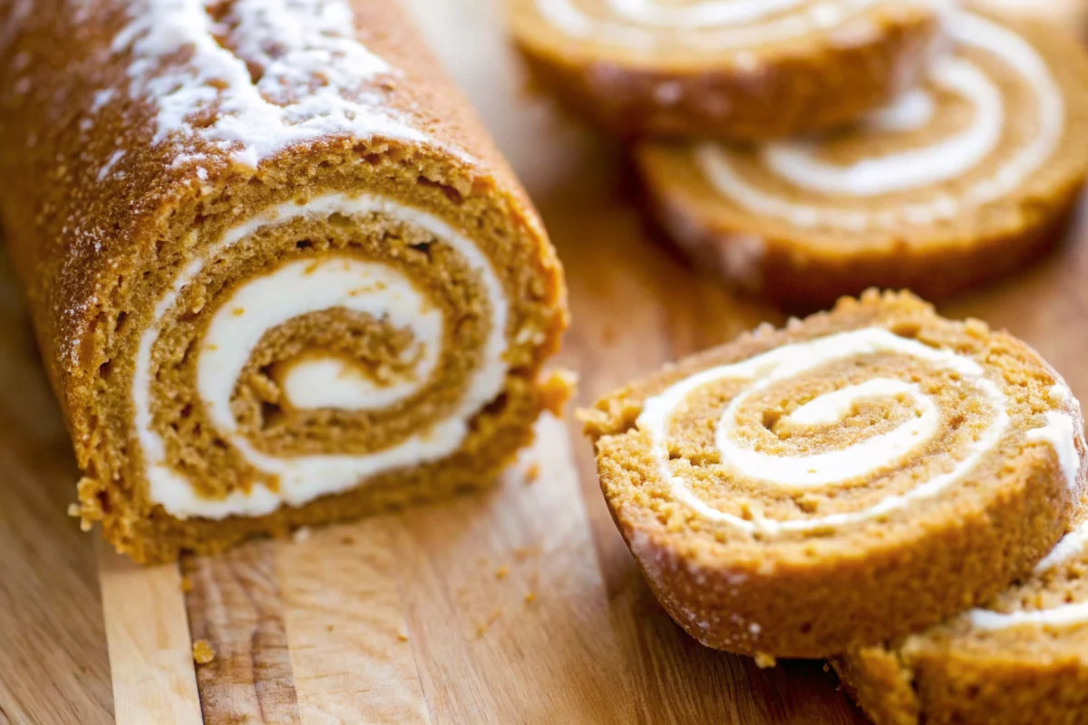 Sliced pumpkin roll cake showing spiral of orange pumpkin spice cake filled with white cream cheese frosting on white plate