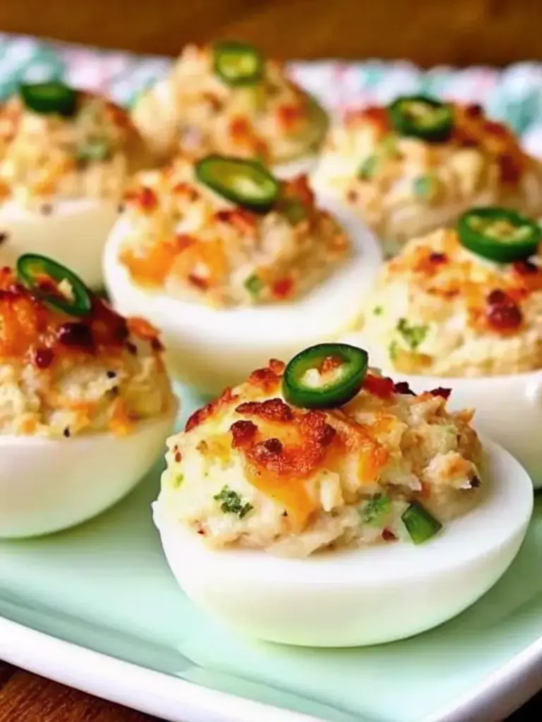 Delicious Jalapeño Popper Deviled Eggs with creamy filling, spicy jalapeños, and fresh garnishes – perfect spicy deviled eggs recipe for parties and appetizers.