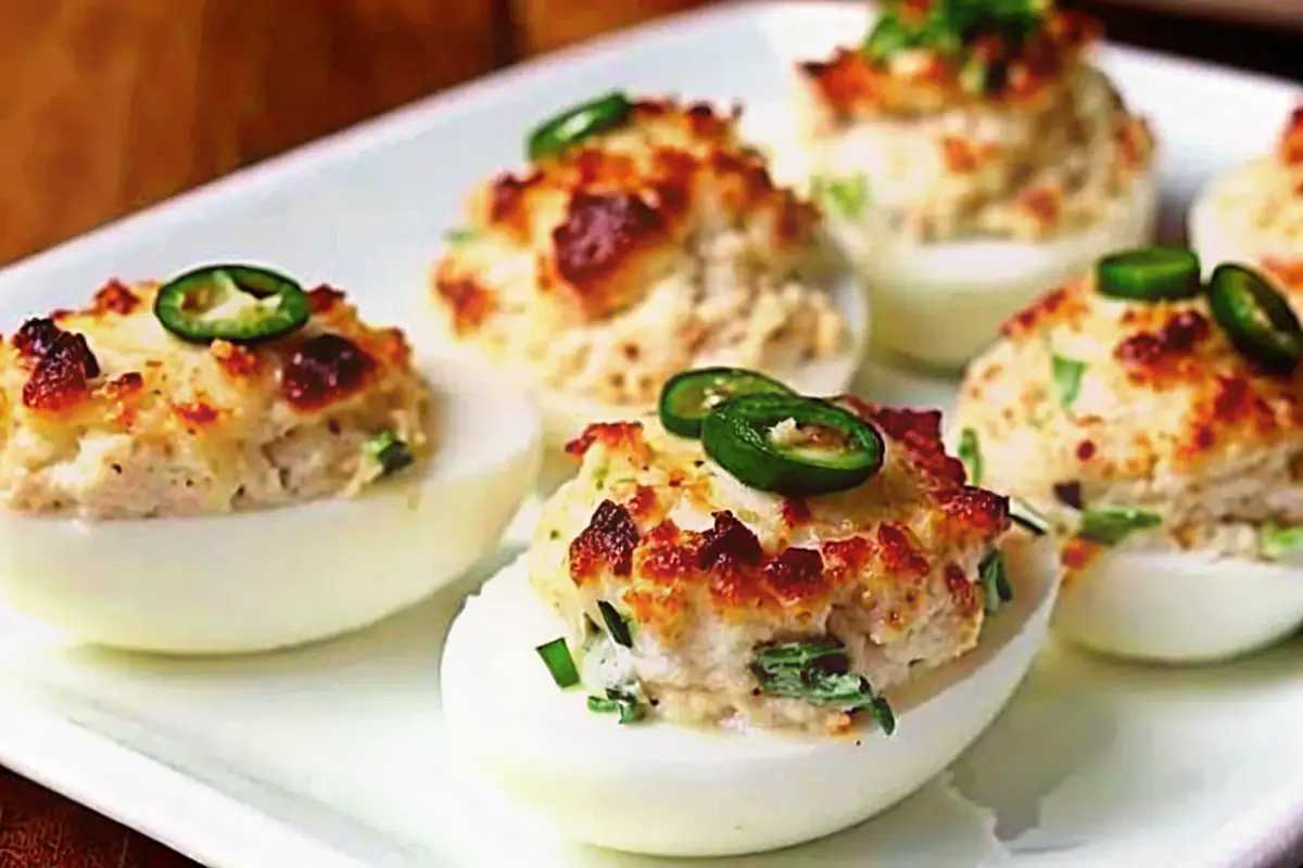 Delicious Jalapeño Popper Deviled Eggs with creamy filling, spicy jalapeños, and fresh garnishes – perfect spicy deviled eggs recipe for parties and appetizers.