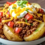 Delicious Cheesy Taco Potatoes with ground beef, melted cheddar, and fresh toppings – perfect taco stuffed potatoes recipe.