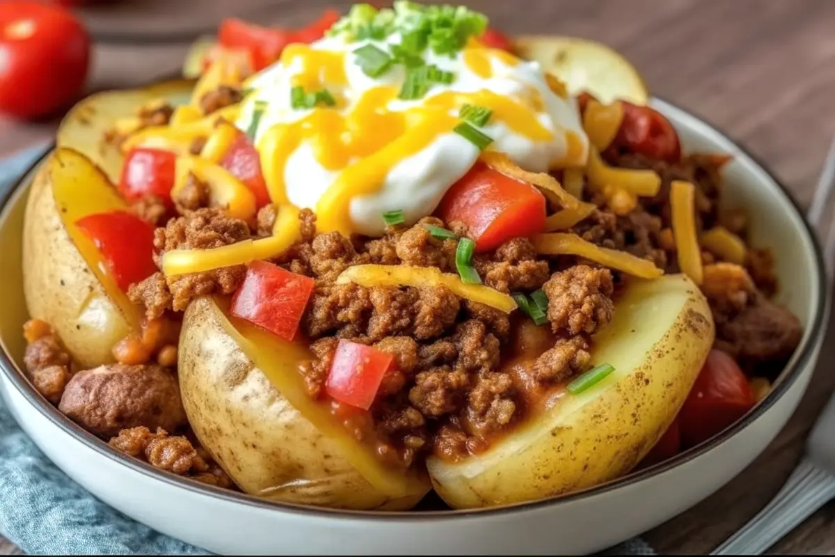 Delicious Cheesy Taco Potatoes with ground beef, melted cheddar, and fresh toppings – perfect taco stuffed potatoes recipe.