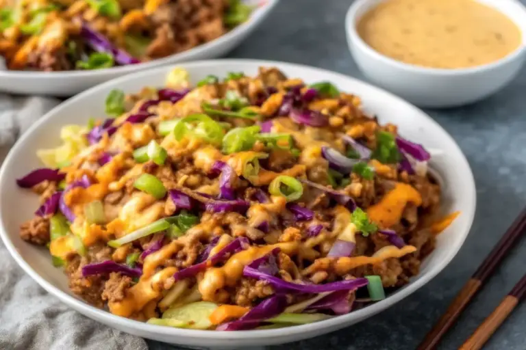 Healthy Egg Roll in a Bowl with Creamy Chili Sauce