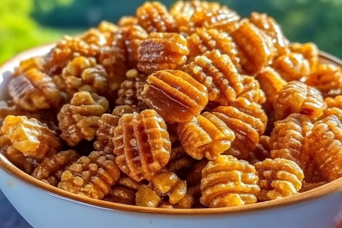 Delicious Praline Crunch recipe with crispy pecan praline mix and caramel glaze – easy crunchy praline snack for holidays.