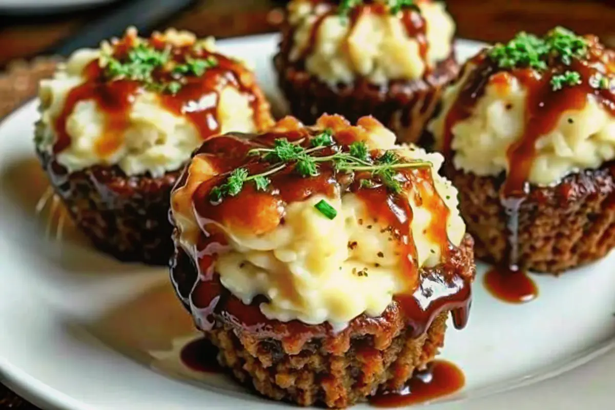 Delicious Smoky Bourbon BBQ Meatloaf Cupcakes with Mashed Potato Frosting, featuring savory meatloaf in muffin tins topped with creamy potato frosting and bourbon-infused glaze – perfect easy muffin tin recipes for family dinners.