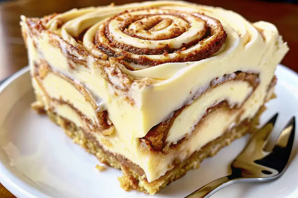 Delicious Cinnamon Roll Cheesecake with gooey cinnamon swirls and creamy frosting – perfect homemade cinnamon cheesecake recipe for desserts.