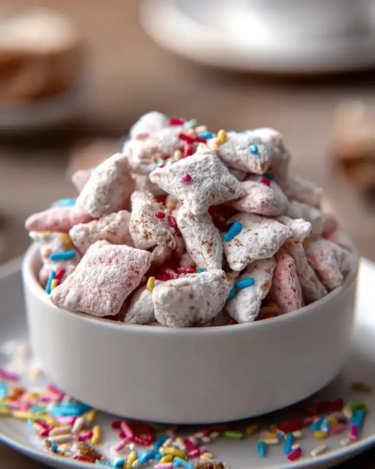 A delicious plate of Birthday Cake Puppy Chow