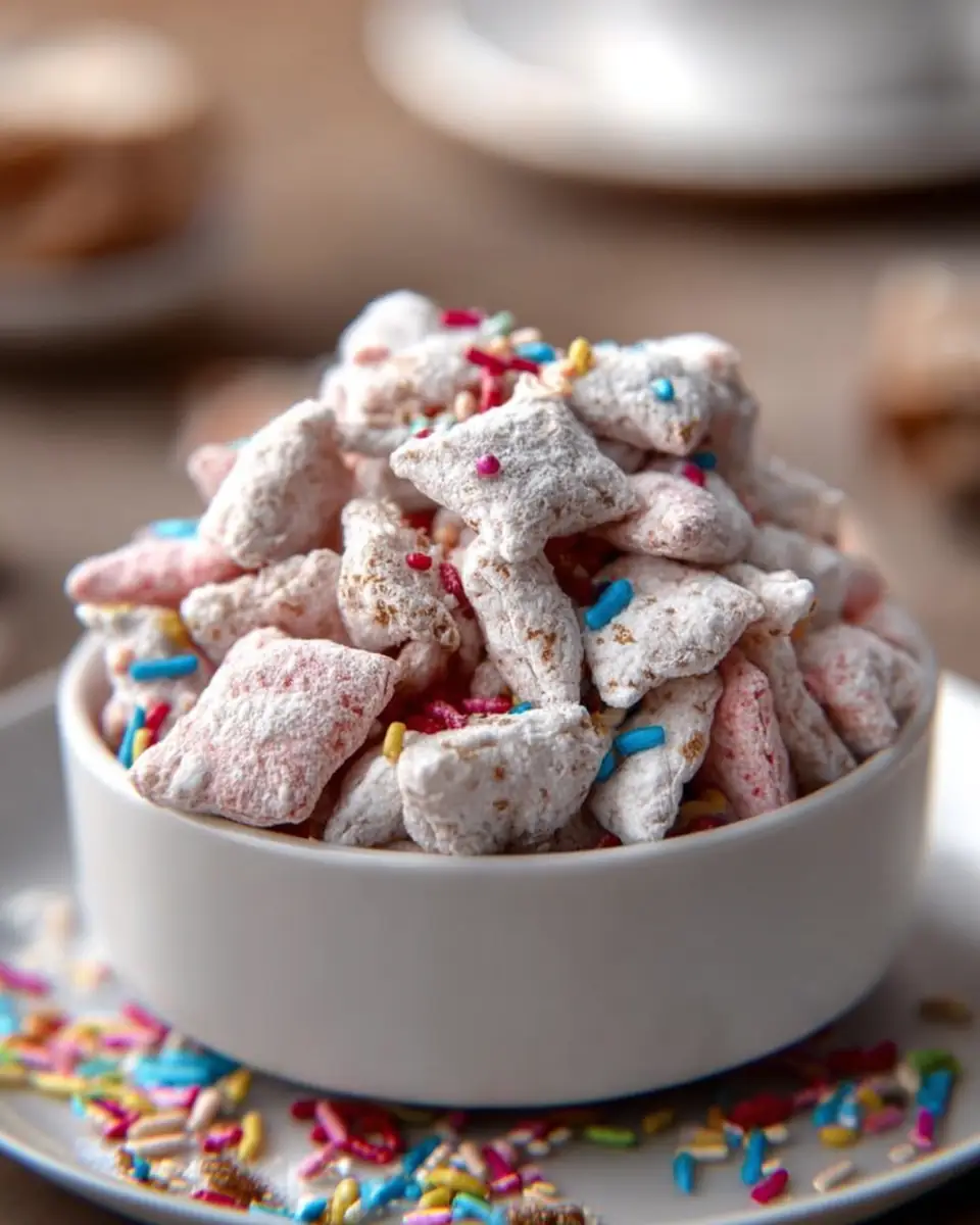 A delicious plate of Birthday Cake Puppy Chow