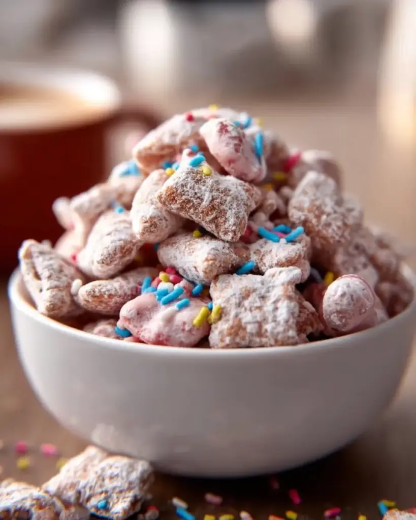 A delicious plate of Birthday Cake Puppy Chow