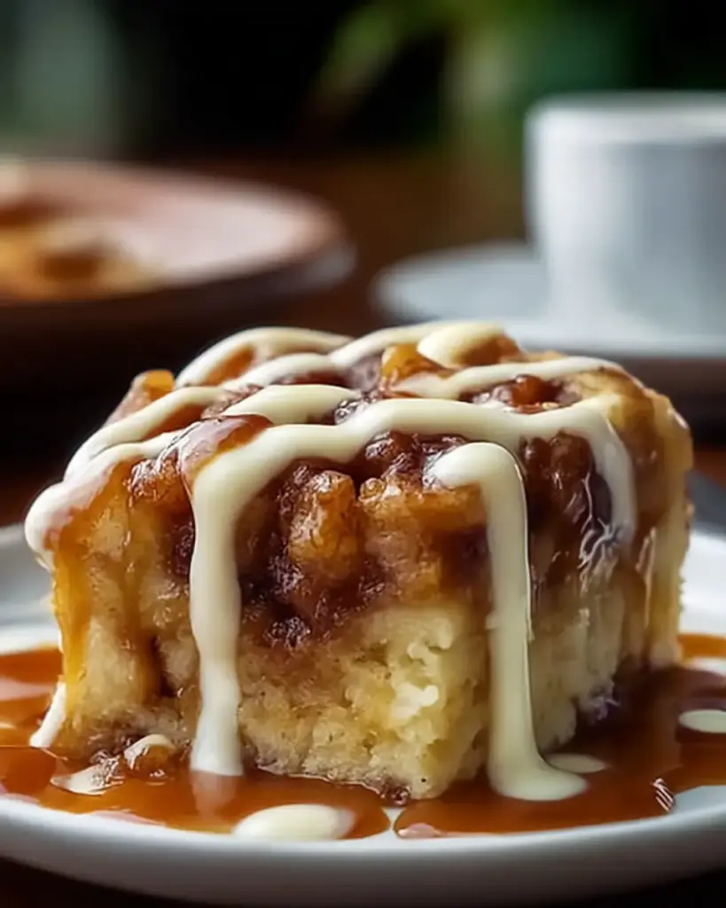 A delicious plate of Irresistible Caramel Apple Cinnamon Roll Dump Cake Delight