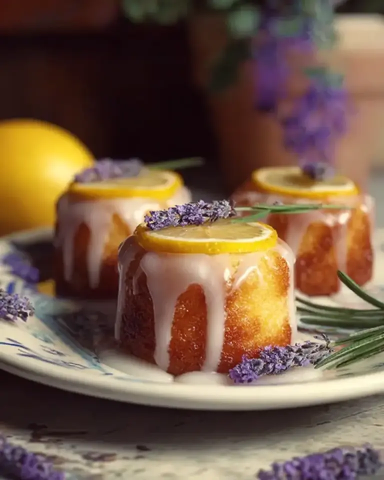 A delicious plate of Mini Lemon Cakes With Lavender Glaze