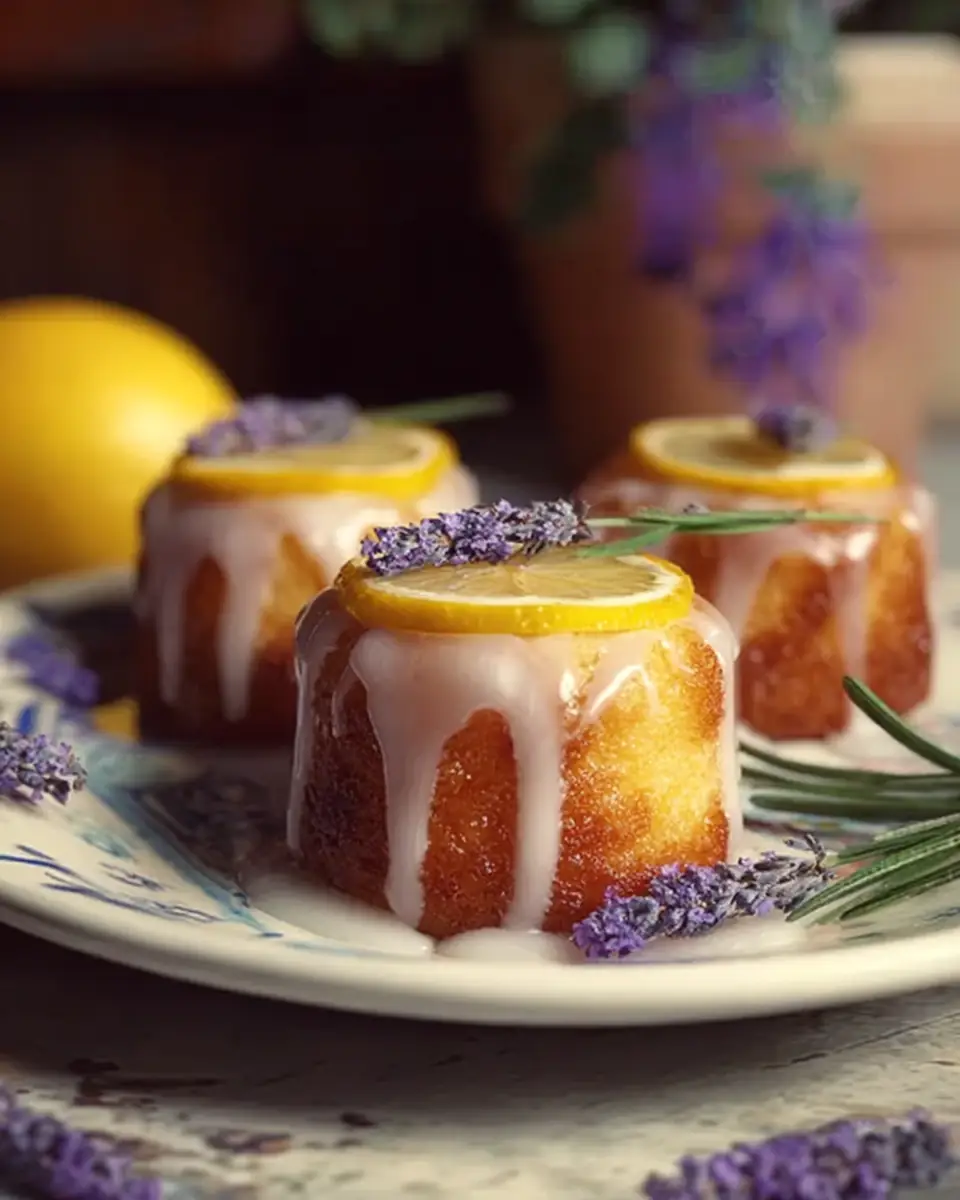 A delicious plate of Mini Lemon Cakes With Lavender Glaze