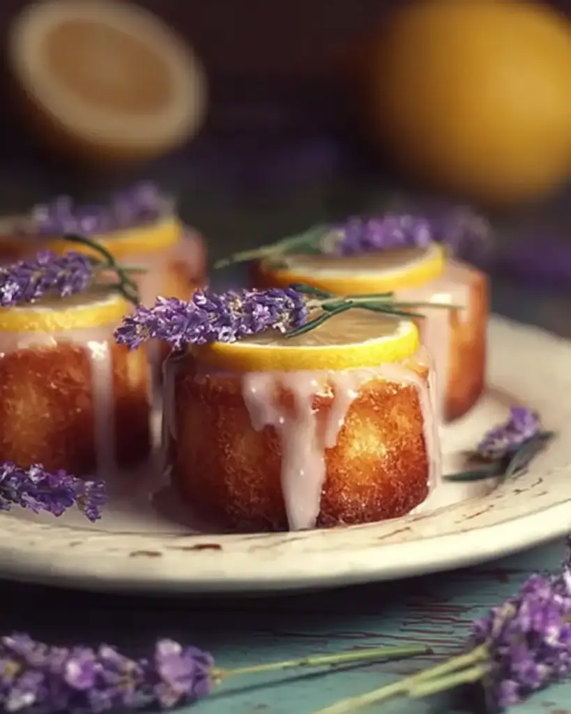A delicious plate of Mini Lemon Cakes With Lavender Glaze