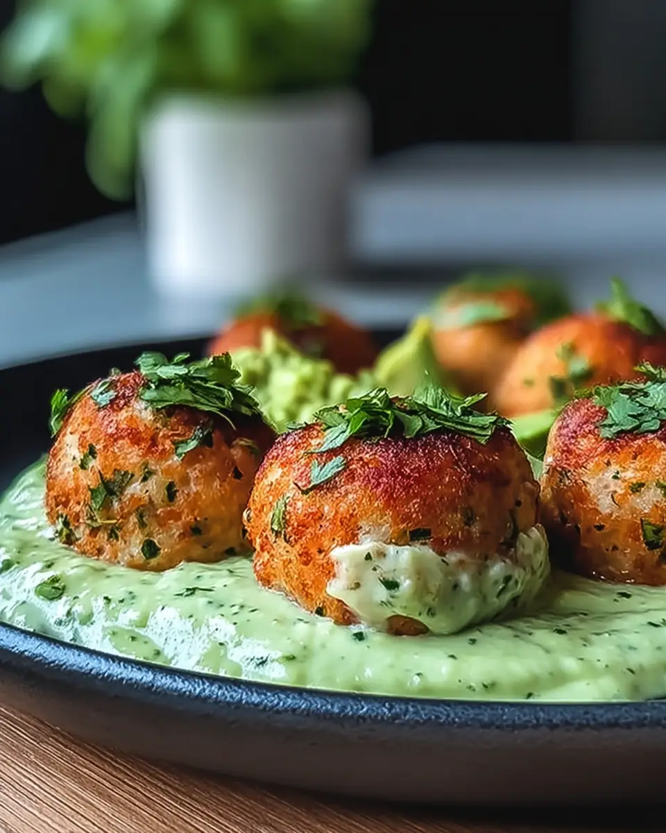 A delicious plate of Salmon Balls with Creamy Avocado Sauce for Healthy Snacking