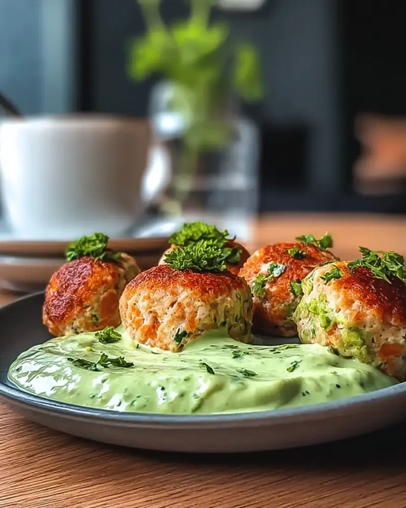 A delicious plate of Salmon Balls with Creamy Avocado Sauce for Healthy Snacking