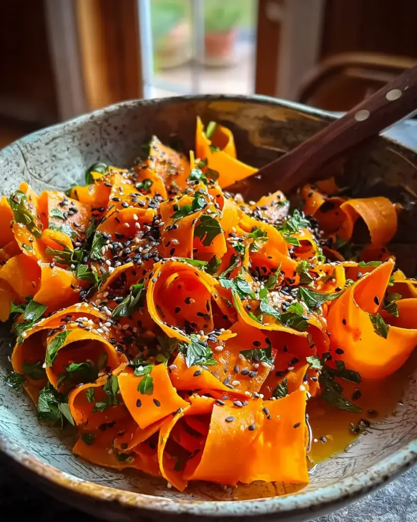 A delicious plate of Sesame Ginger Carrot Ribbon Salad