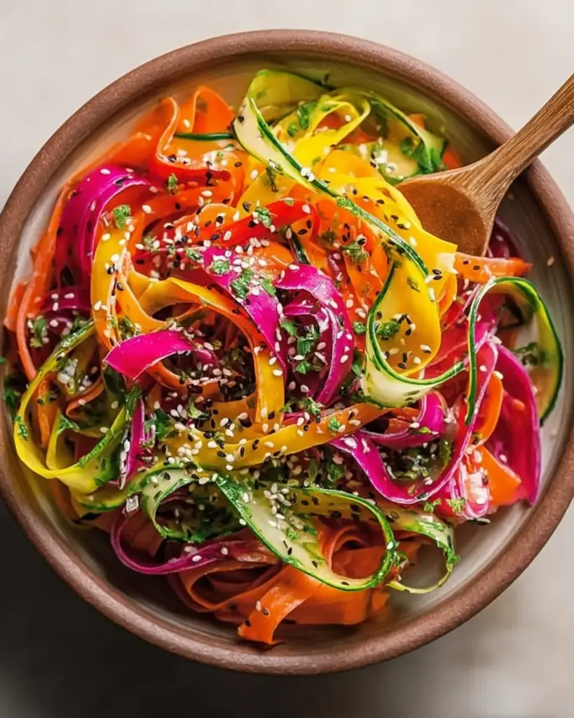 A delicious plate of Shaved Rainbow Carrot Sesame Salad : Fresh, Crunchy & Vibrant Vegan Side