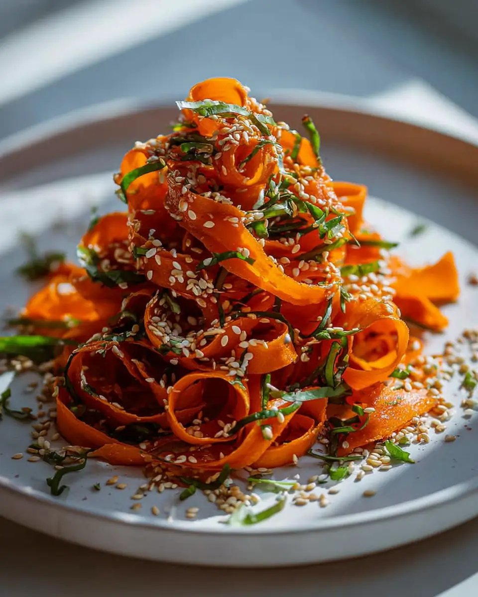 A delicious plate of Viral Asian-Inspired Raw Carrot Ribbon Salad with Sesame Lime Dressing