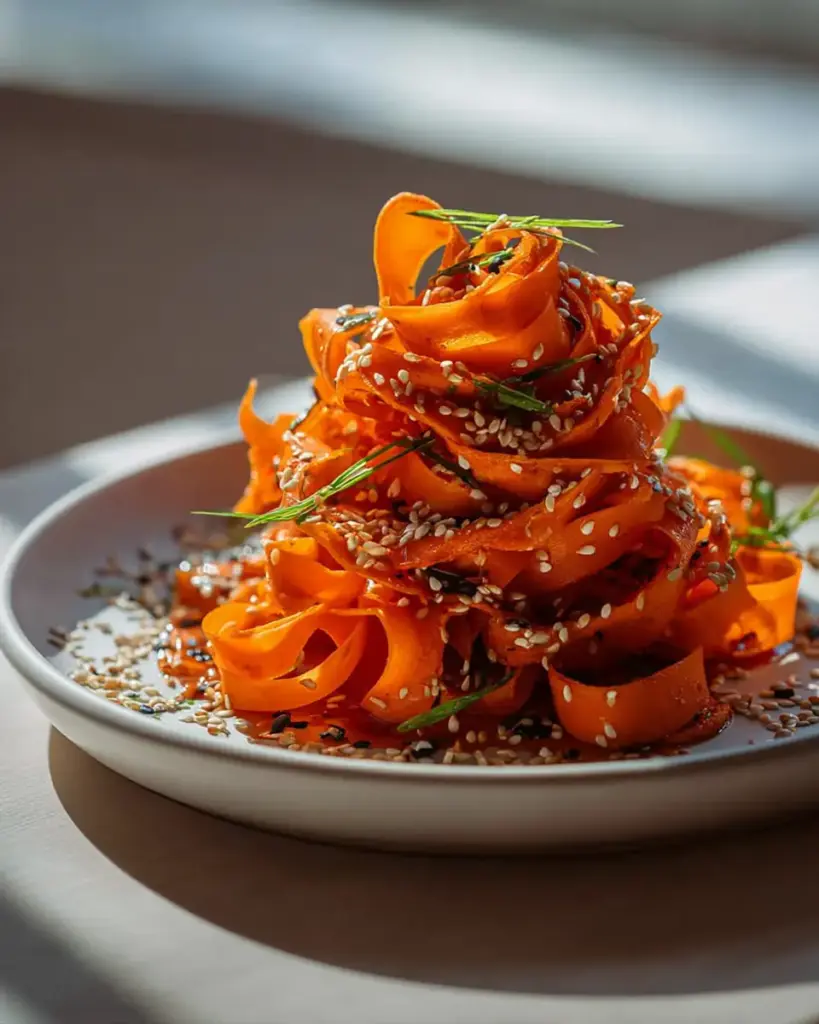A delicious plate of Viral Asian-Inspired Raw Carrot Ribbon Salad with Sesame Lime Dressing