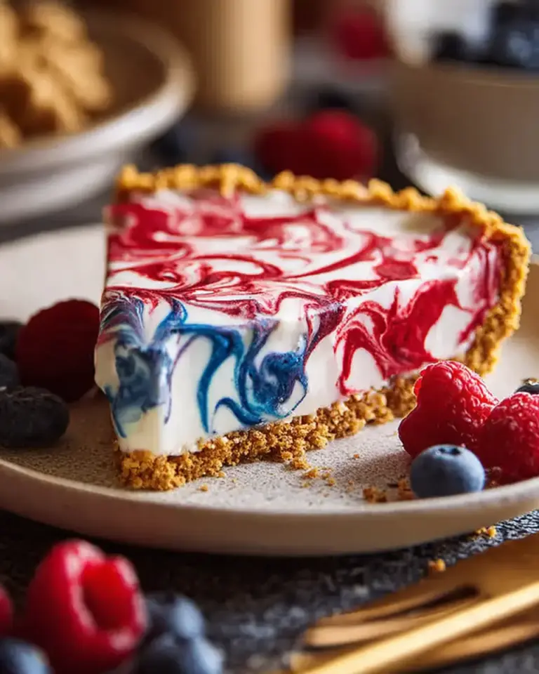 A delicious plate of 4th of July Swirl Pie – A Festive No-Bake Patriotic Dessert