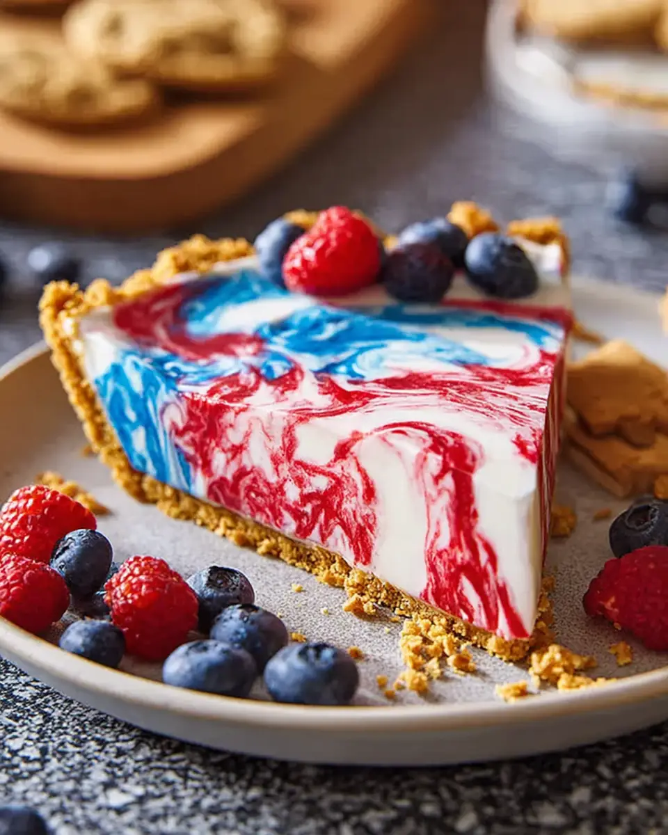 A delicious plate of 4th of July Swirl Pie – A Festive No-Bake Patriotic Dessert
