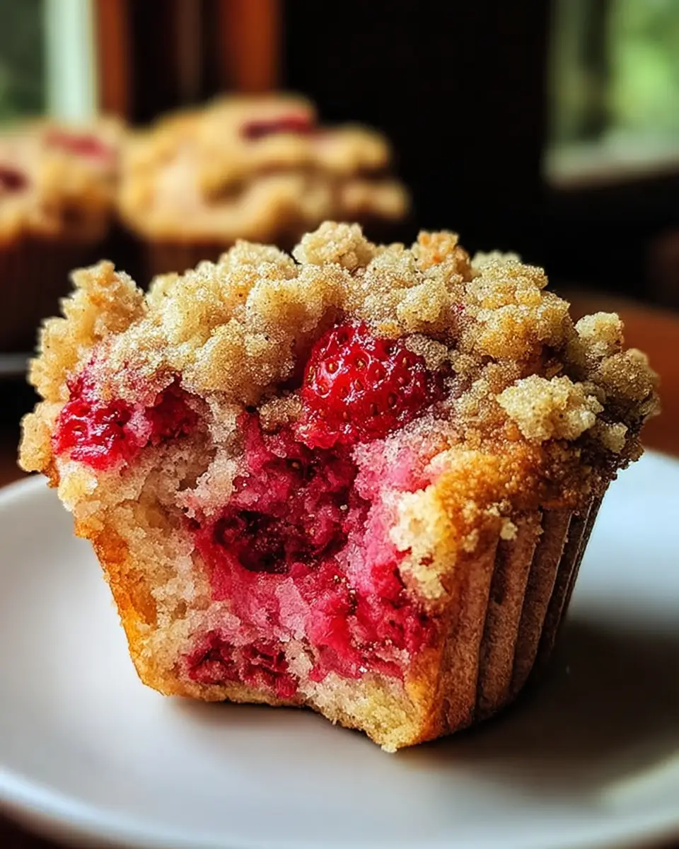 A delicious plate of Bakery-Style Fresh Strawberry Muffins with Streusel Topping