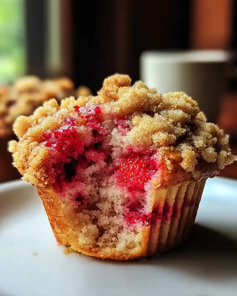A delicious plate of Bakery-Style Fresh Strawberry Muffins with Streusel Topping