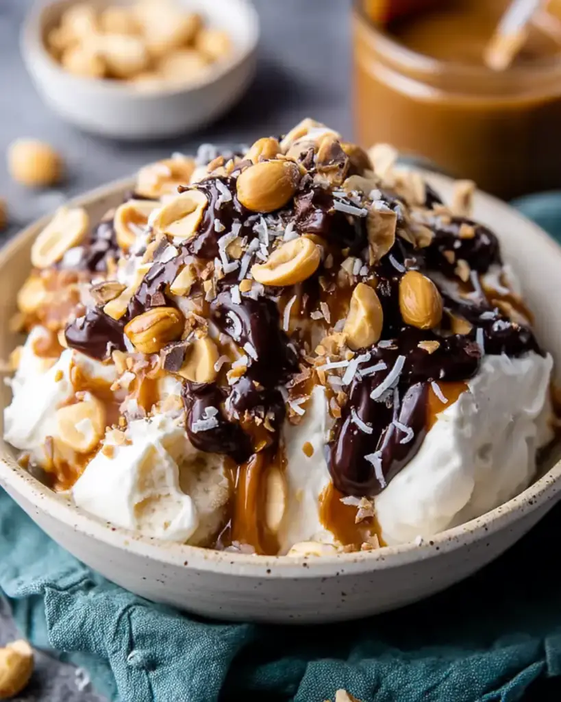 A delicious plate of Cottage Cheese Snickers Bowl: High-Protein & Easy Dessert