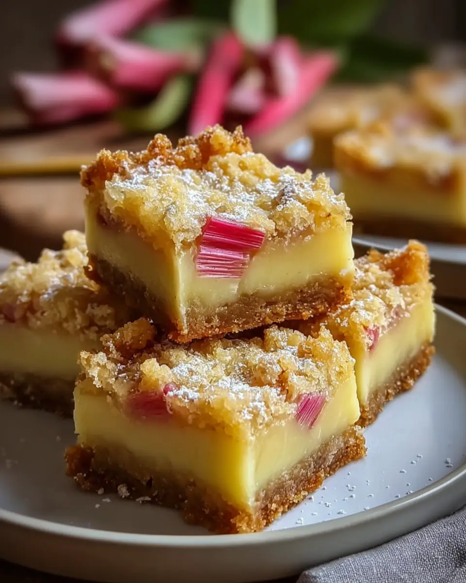 A delicious plate of Creamy Rhubarb Custard Bars