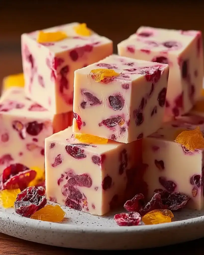 A delicious plate of Easy Cranberry Orange Fudge