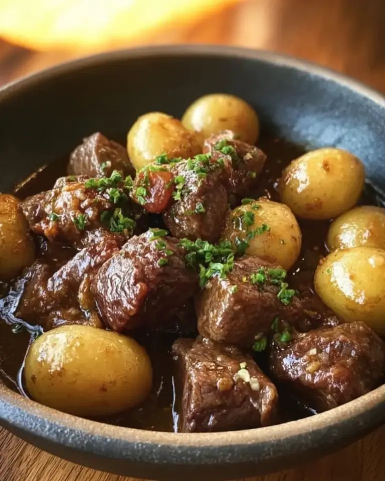 A delicious plate of Garlic Butter Beef Bites with Potatoes