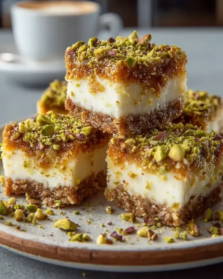 A delicious plate of Greek Honey Pistachio Cheesecake Bars: Creamy Delight!
