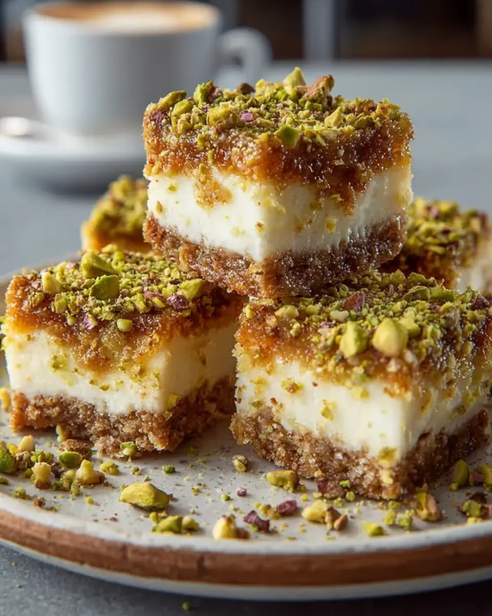 A delicious plate of Greek Honey Pistachio Cheesecake Bars: Creamy Delight!