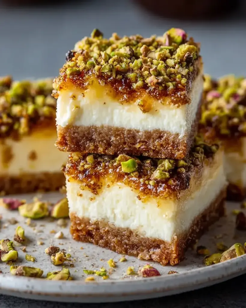 A delicious plate of Greek Honey Pistachio Cheesecake Bars: Creamy Delight!