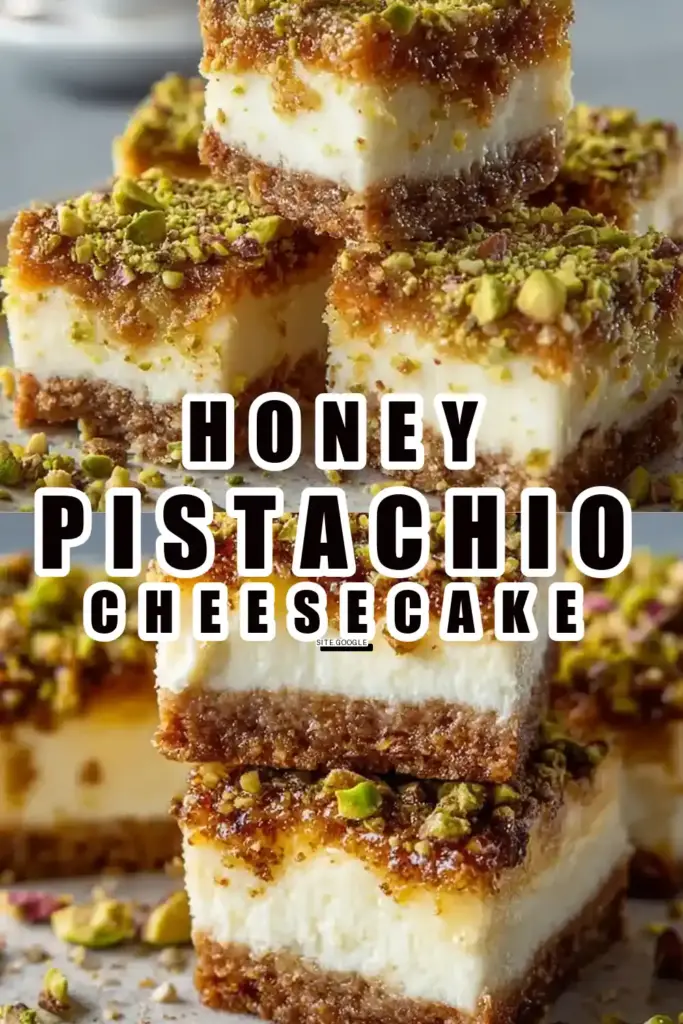 Pinterest pin (Design 1) for Greek Honey Pistachio Cheesecake Bars: Creamy Delight!