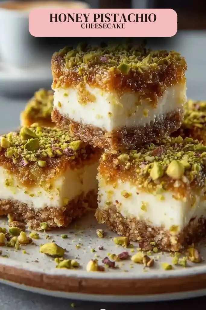 Pinterest pin (Design 2) for Greek Honey Pistachio Cheesecake Bars: Creamy Delight!