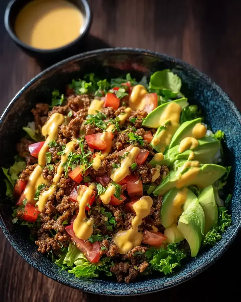 A delicious plate of High-Protein Cheeseburger Bowls (Easy & Healthy Recipe)