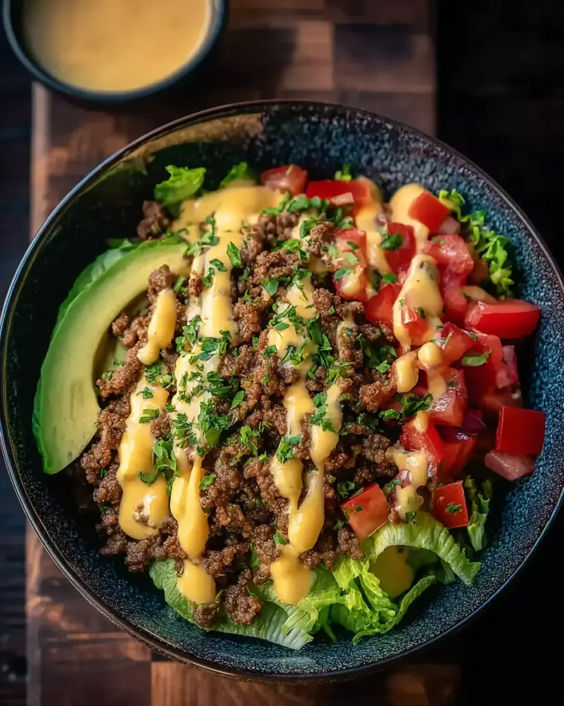 A delicious plate of High-Protein Cheeseburger Bowls (Easy & Healthy Recipe)