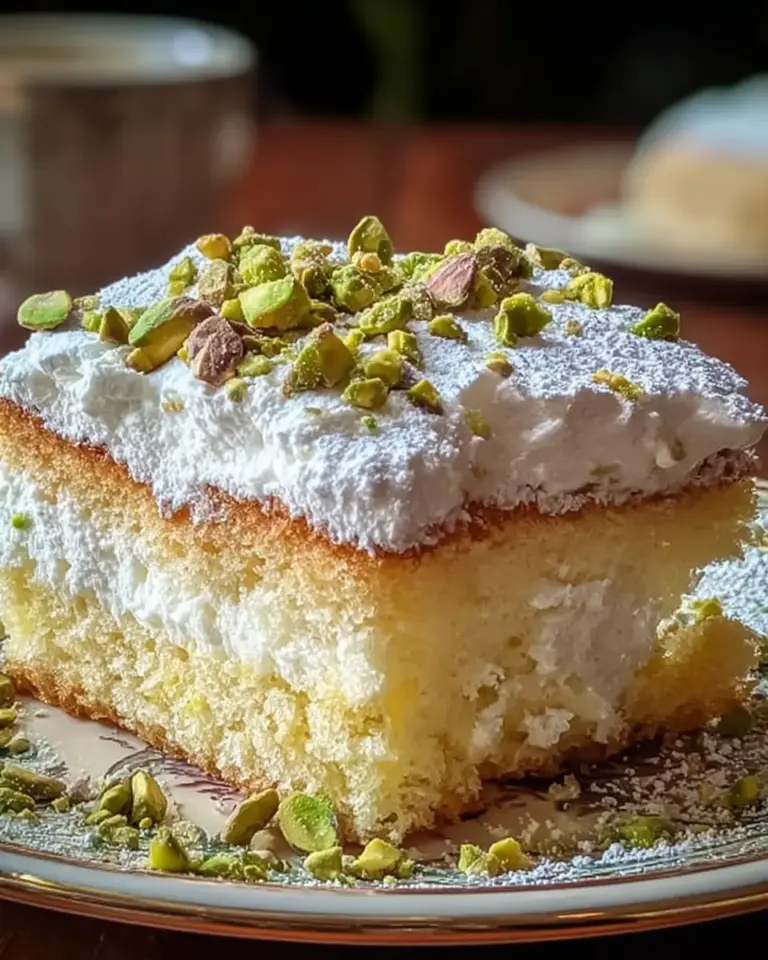 A delicious plate of Lemon Pistachio Ricotta Cloud Cake