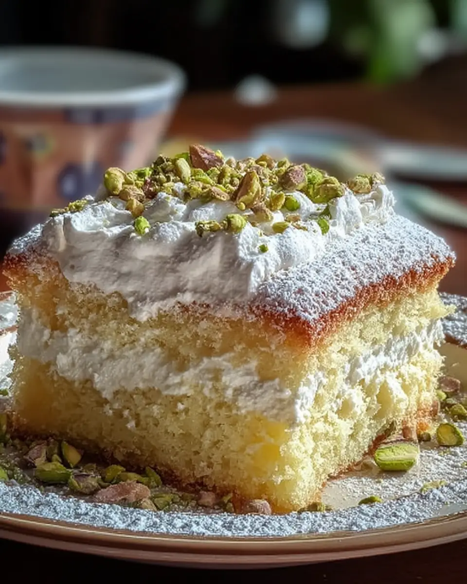 A delicious plate of Lemon Pistachio Ricotta Cloud Cake