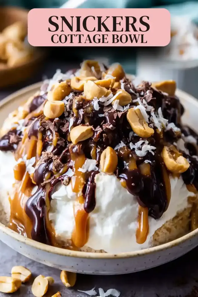 Pinterest pin (Design 2) for Cottage Cheese Snickers Bowl: High-Protein & Easy Dessert