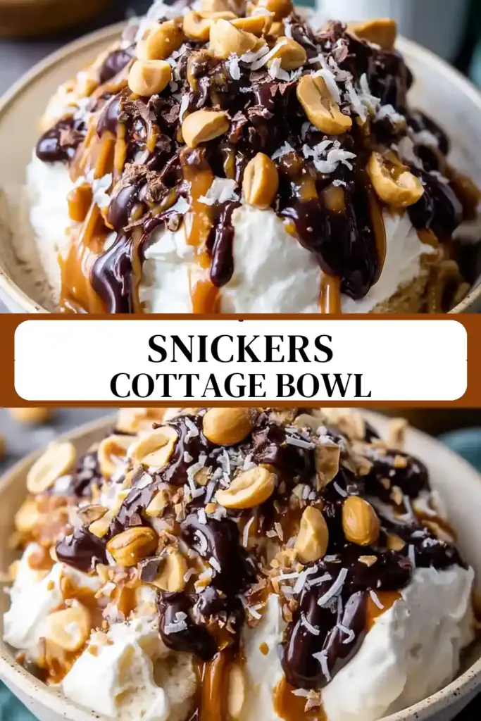 Pinterest pin (Design 3) for Cottage Cheese Snickers Bowl: High-Protein & Easy Dessert