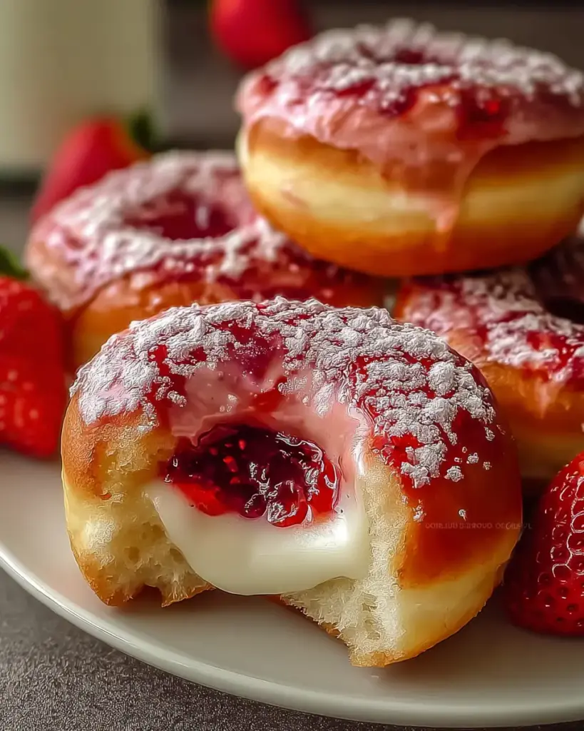A delicious plate of Strawberry Cheesecake Donuts-Easy Recipe