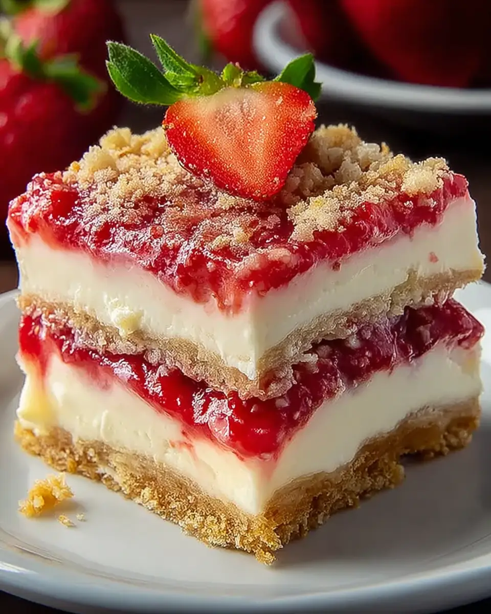 A delicious plate of Strawberry Shortcake Cheesecake Bars
