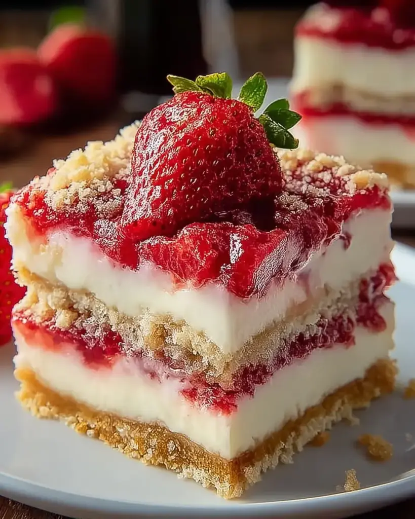 A delicious plate of Strawberry Shortcake Cheesecake Bars