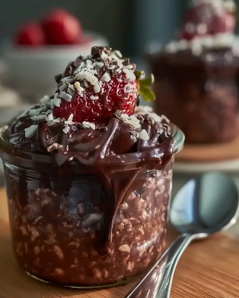 A delicious plate of Decadent Brownie Batter Overnight Oats Recipe with 25g Protein Make-Ahead Breakfast