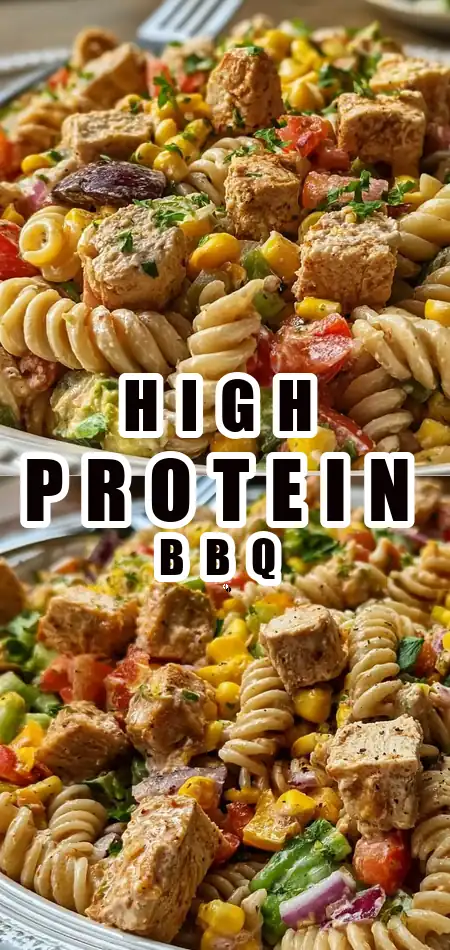 Pinterest pin (Design 1) for Zesty High-Protein BBQ Chicken Pasta Salad