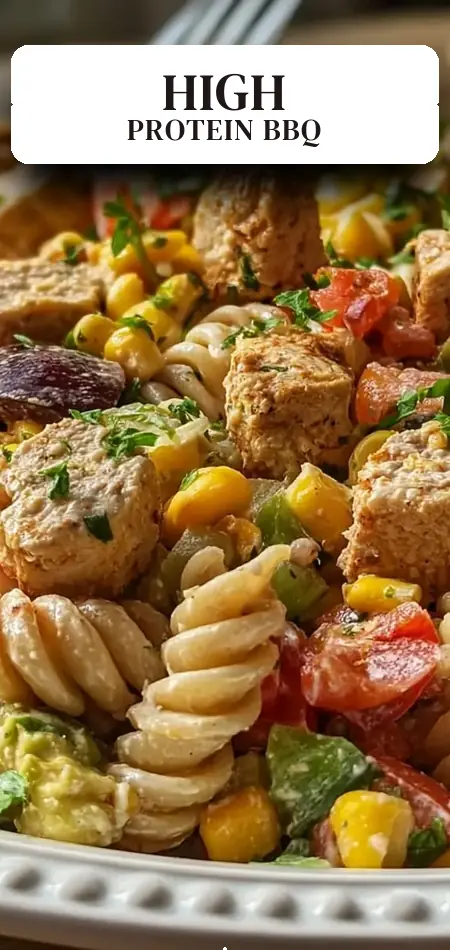 Pinterest pin (Design 2) for Zesty High-Protein BBQ Chicken Pasta Salad