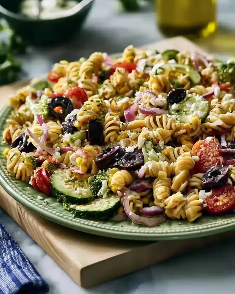 A delicious plate of Healthy High Protein Pasta Salad No Mayo - FlirtyFood