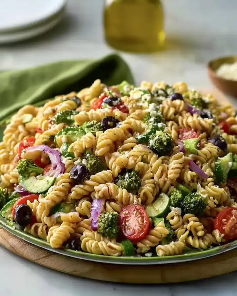 A delicious plate of Healthy High Protein Pasta Salad No Mayo - FlirtyFood