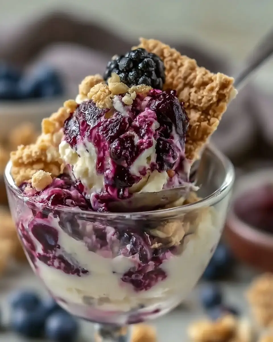 A delicious plate of High Protein Blueberry Cheesecake Cottage Cheese Ice Cream